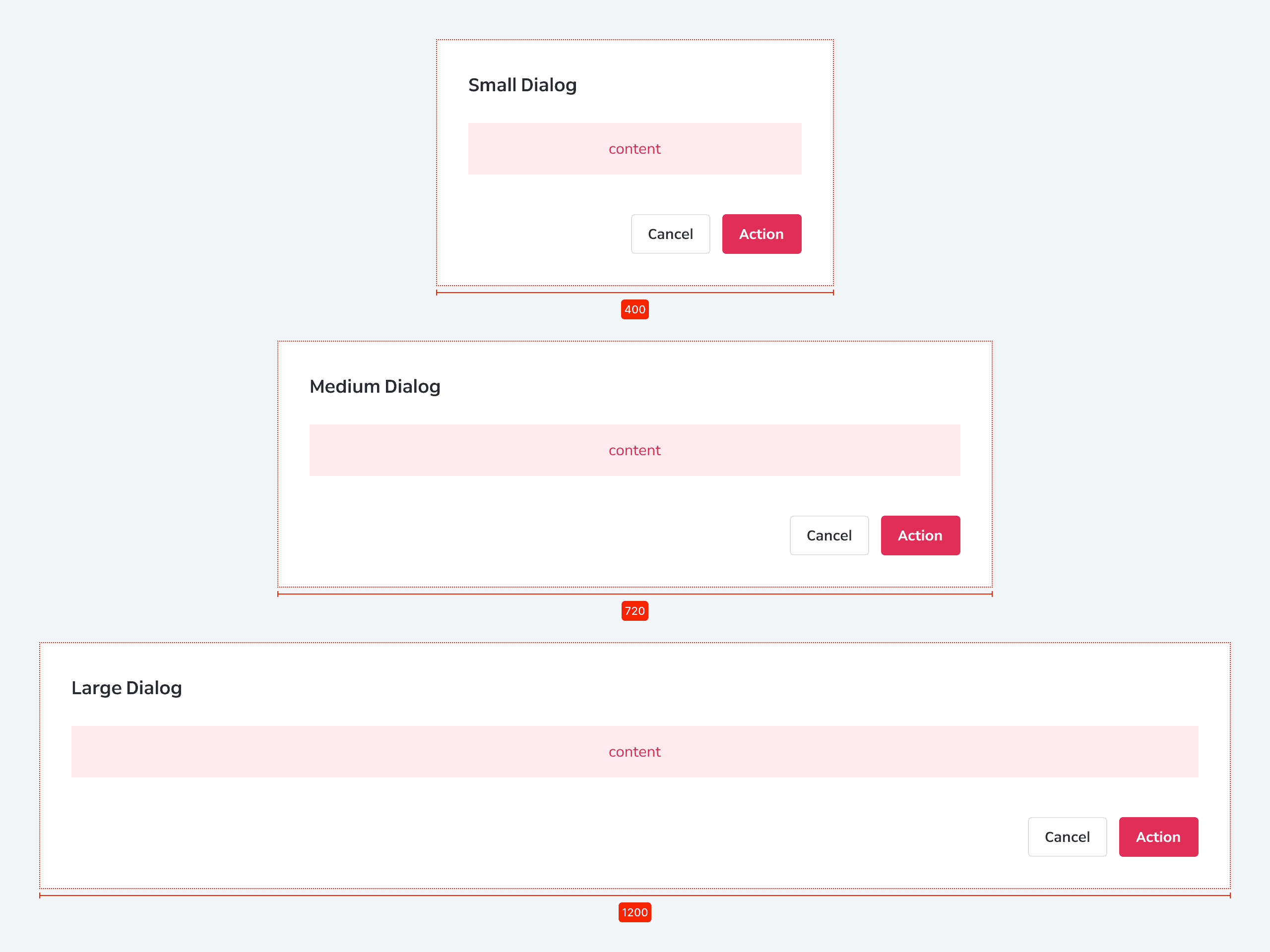 Dialog widths — Small 400px, Medium 720px, Large 1200px