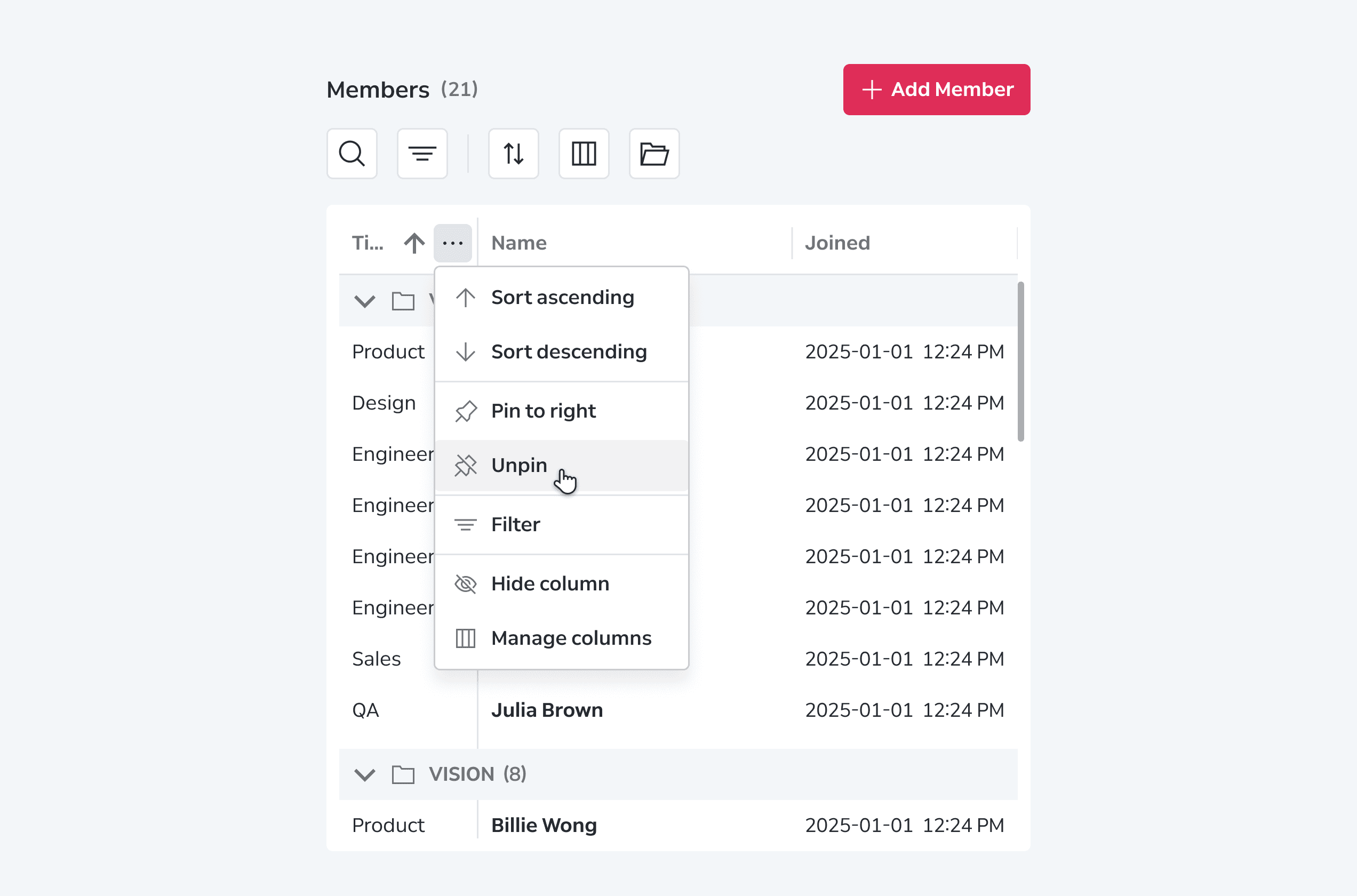 Data Grid Behaviors Column Interactions Pinning
