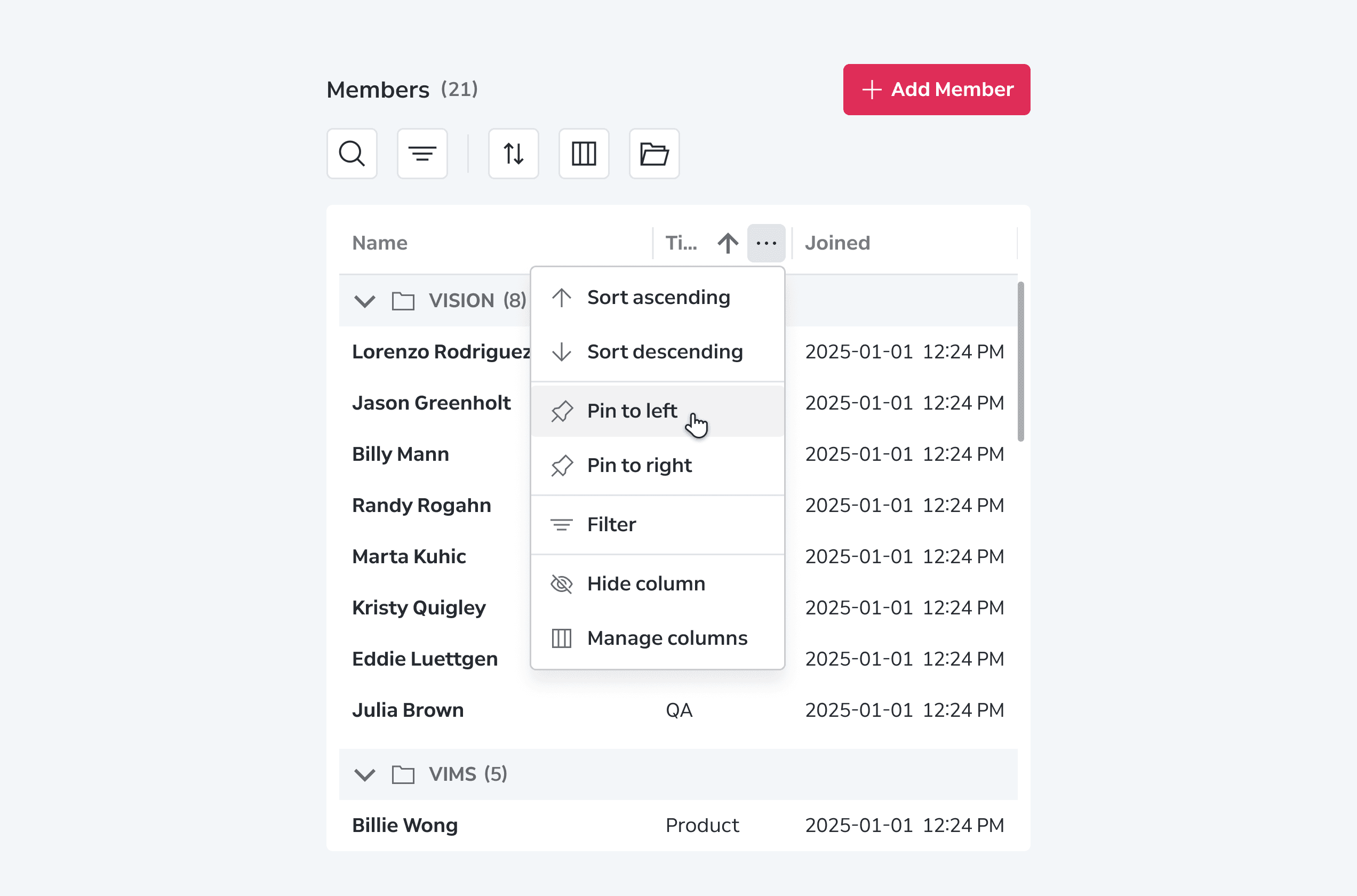 Data Grid Behaviors Column Interactions Pinning