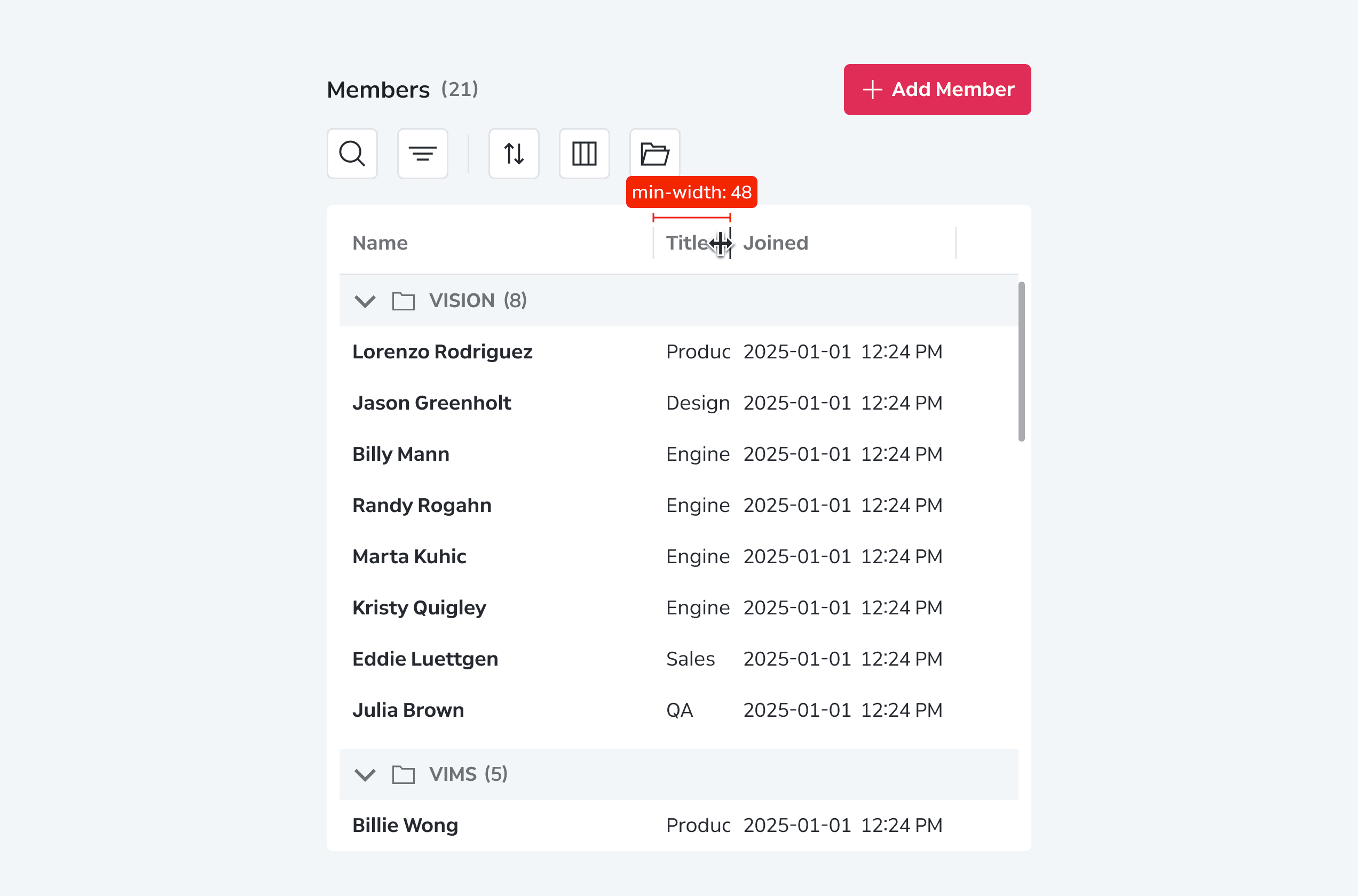Data Grid Behaviors Column Interactions Resizing