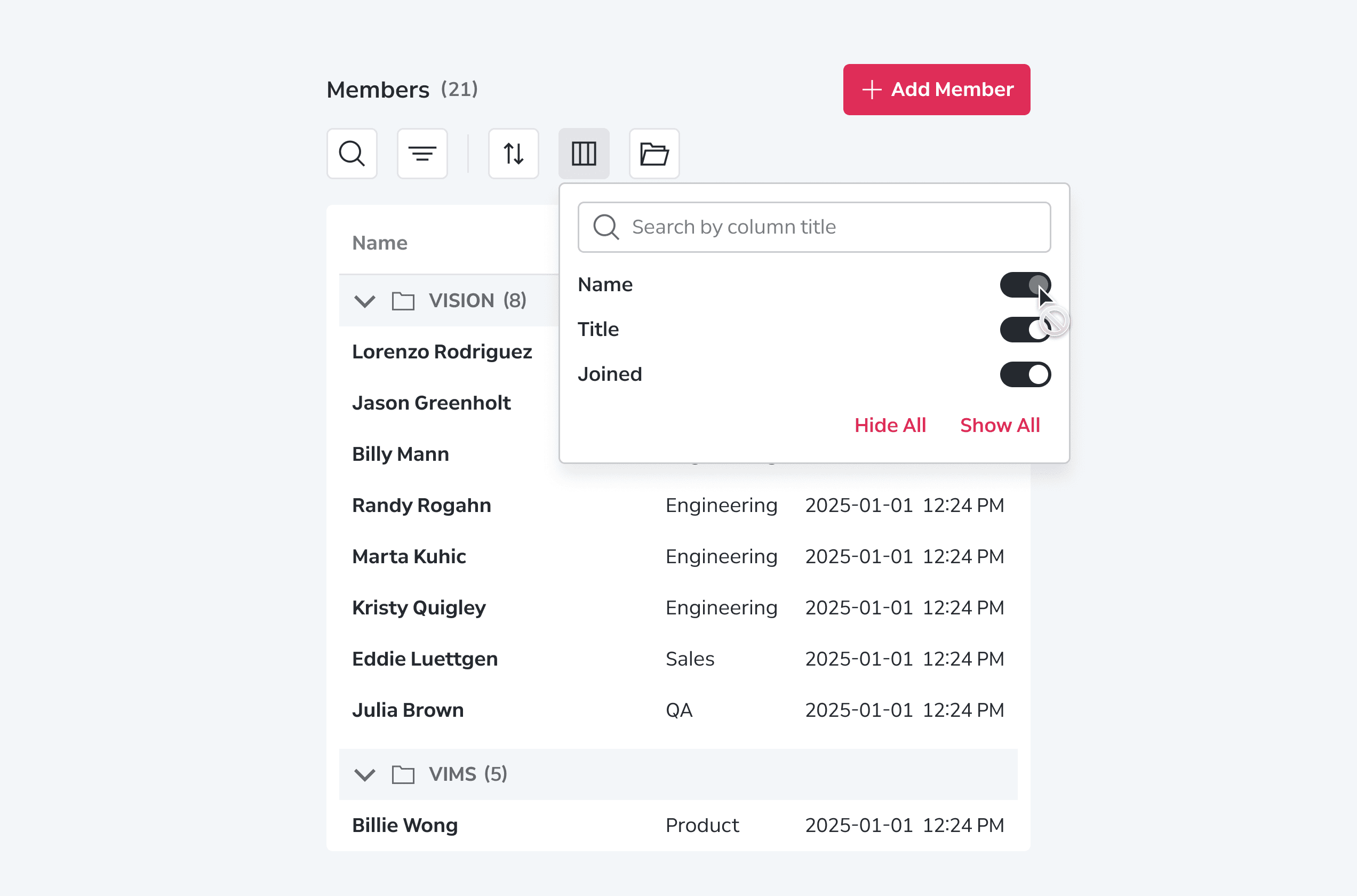 Data Grid Behaviors Column Interactions Visibility - Column Filtering