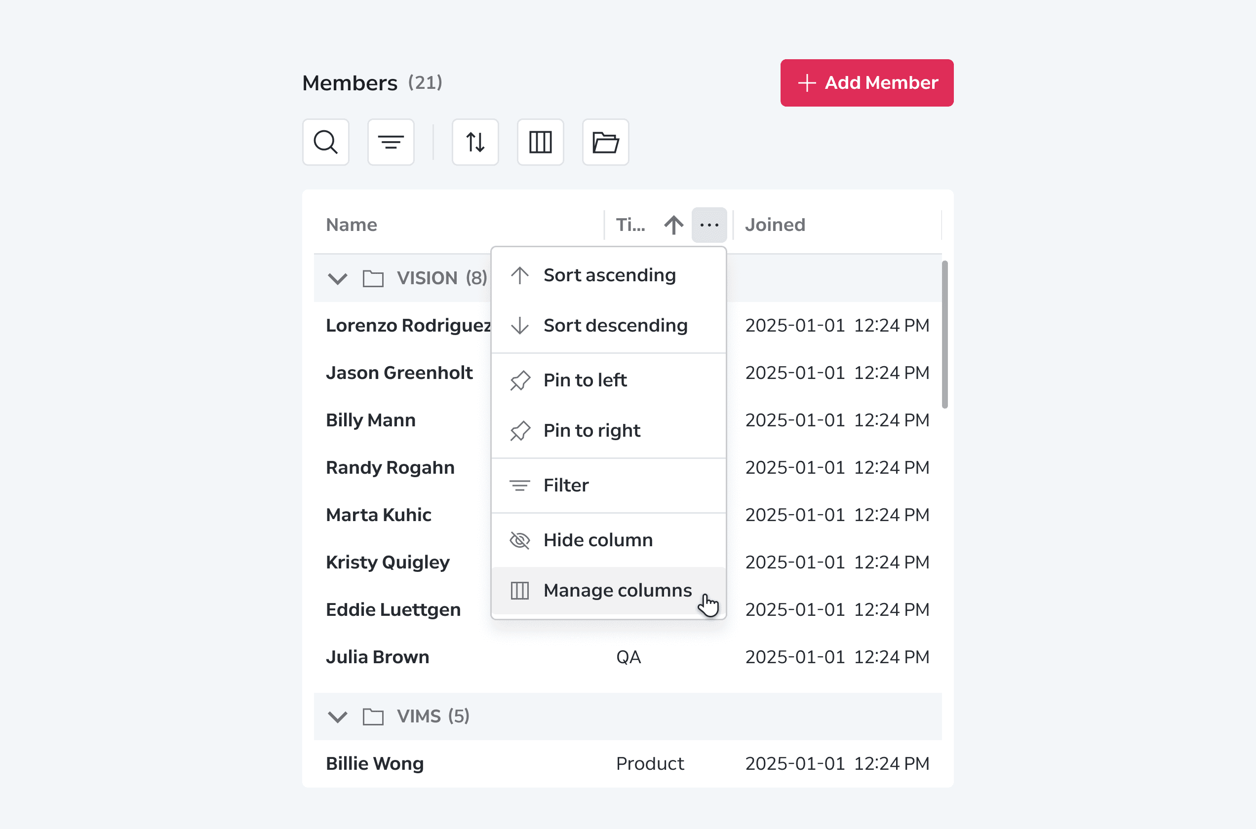 Data Grid Behaviors Column Interactions Visibility - Column Filtering