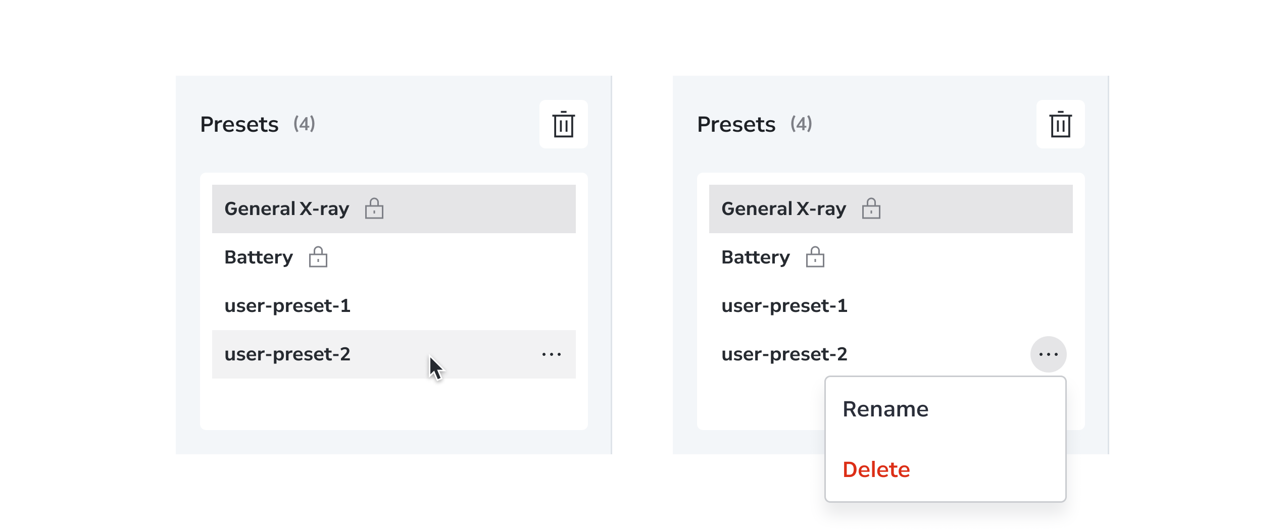 Row hover reveals more-actions button